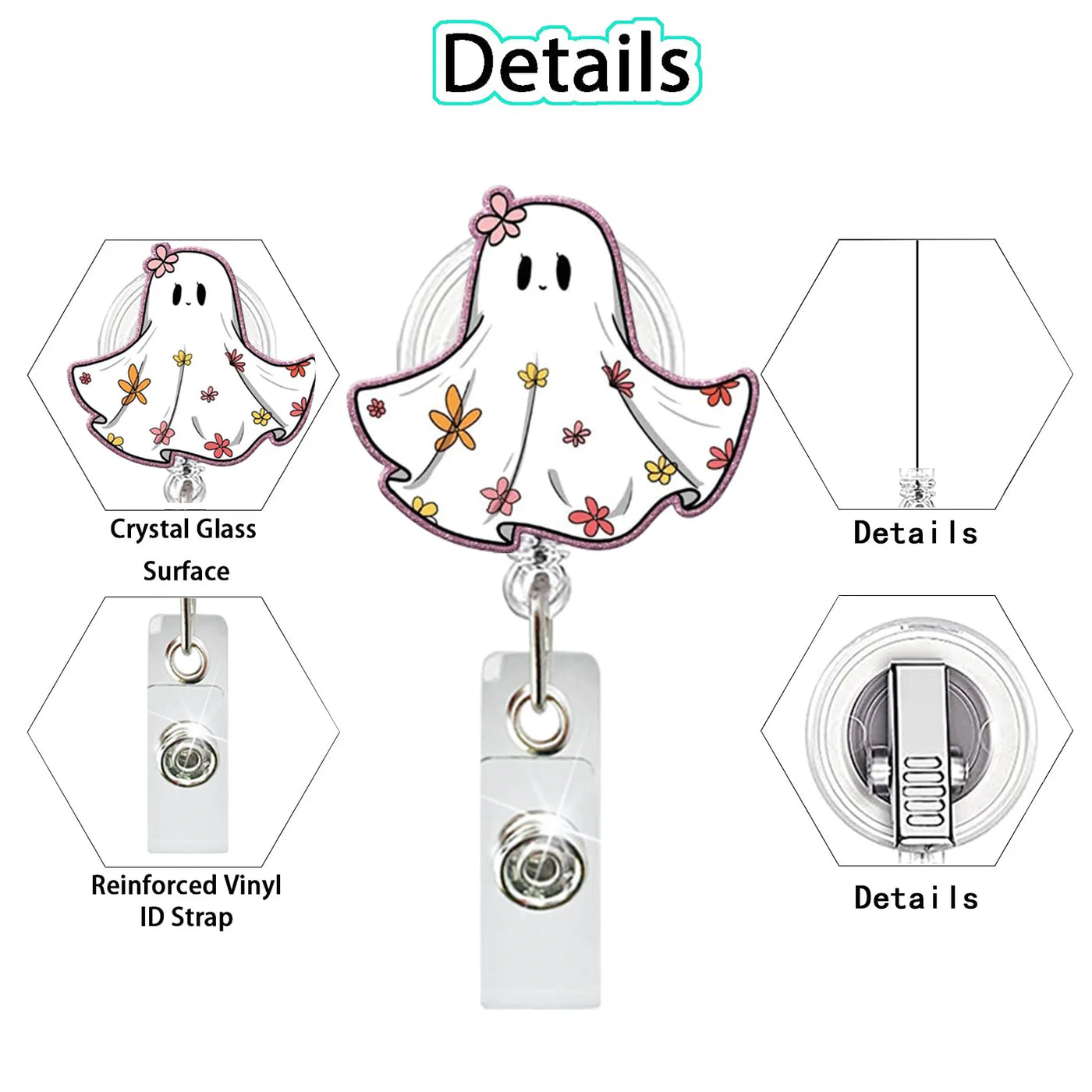 2025 New Arrival 1 Piece Acrylic Retractable Nurse Badge Reel Anime Halloween Boo Ghost Name Tag ID Card Clip Keys Lanyard